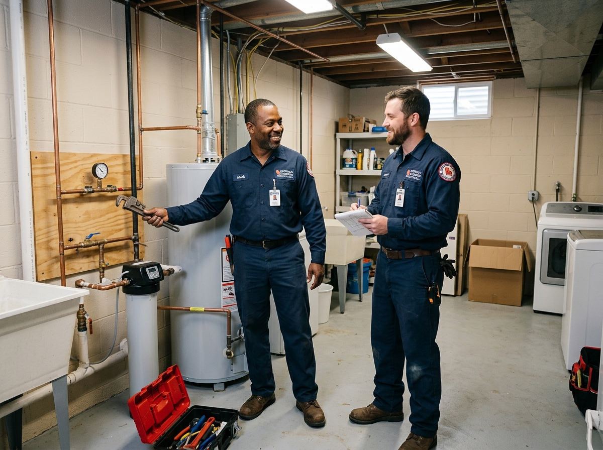 Licensed Alpharetta plumbers inspecting water heater installation details in Georgia home basement